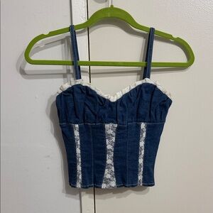 I.AM.GIA Blue Denim Lace-Trim Bustier Crop Top